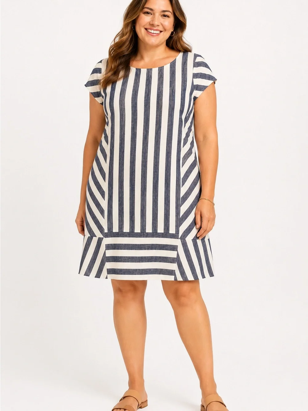 For Cynthia cotton linen blend Navy and White Striped ruffle Shift Dress L